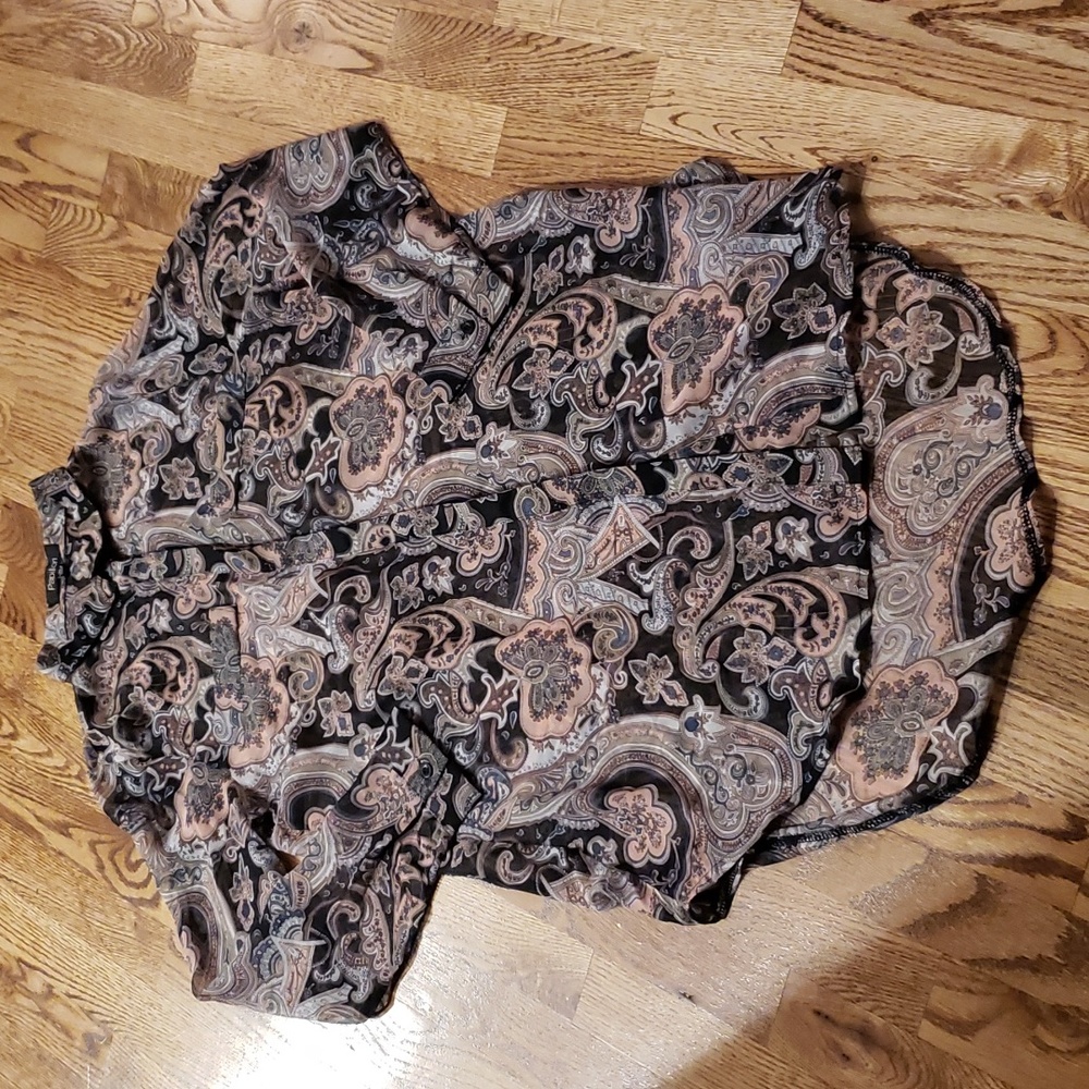 (M) Papillon Blanc Paisley Print Sheer Long High Low Hem Business Casual Office